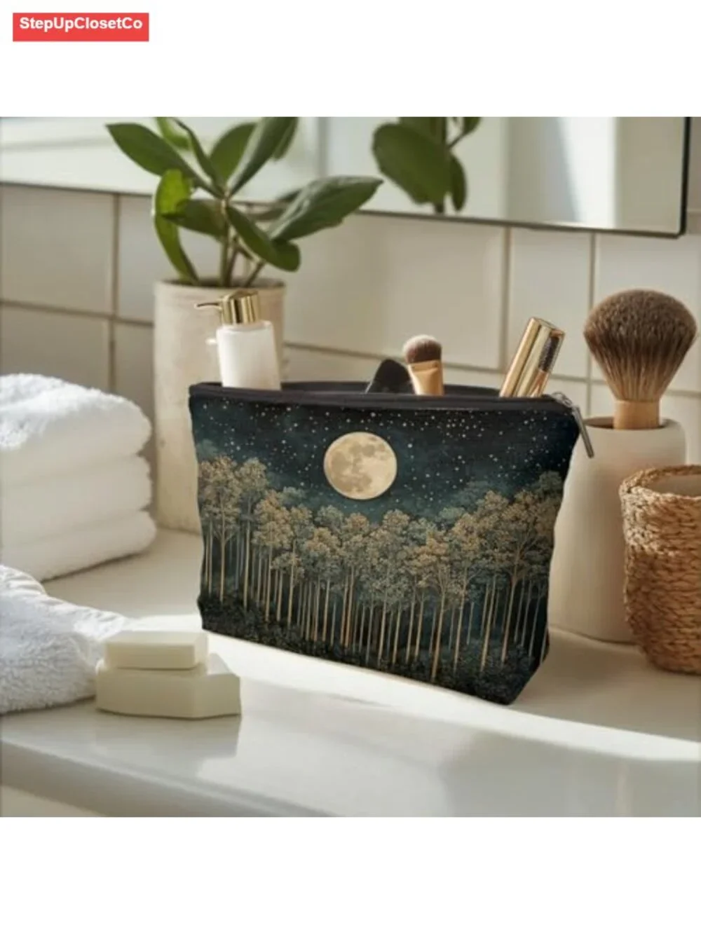 Waterproof Linen Cosmetic Bag Toiletry Pouch Cottagecore Night Forest